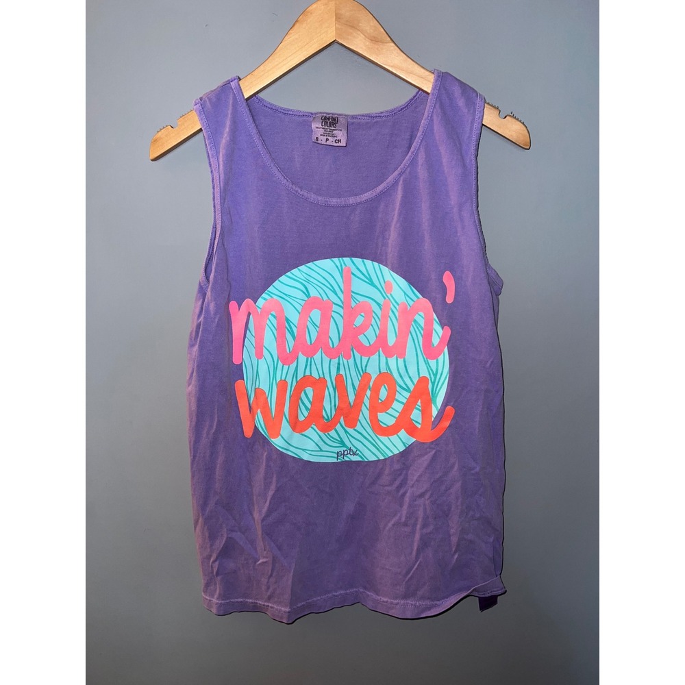 Comfort Colors Makin Waves Purple Graphic Tank Top Small Heavyweight Cotton